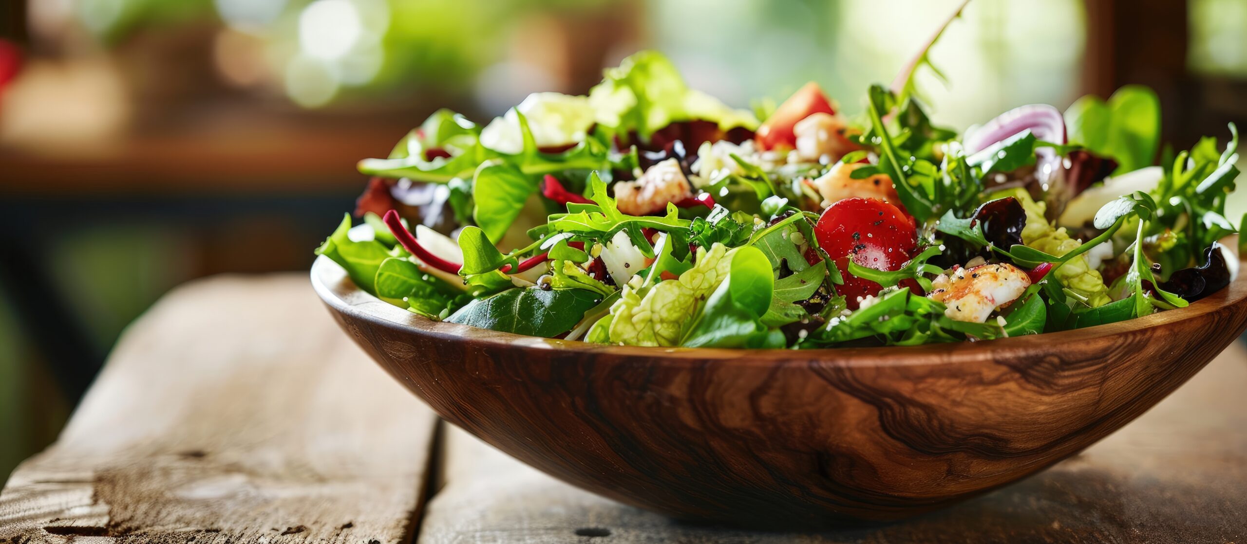 Hand chef mix fresh baby cos salad millet Crab Stick and pour salad dressing in wood blow Organic Vegetables mix lunch with green salad In bowl Breakfast fresh salad and clean vegetable