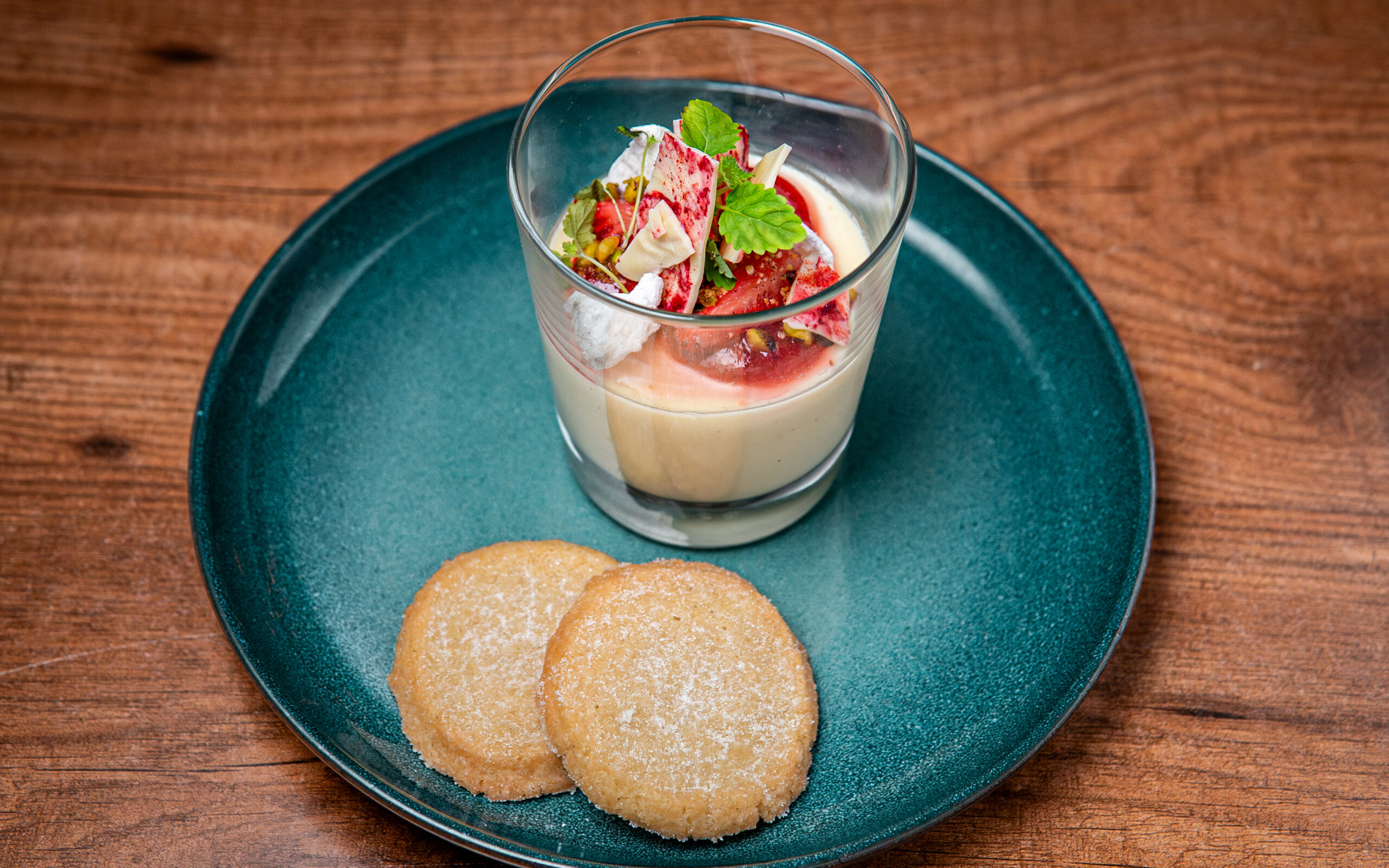 Lemon Posset with Macerated Strawberries, Strawberry & Mint Jam, Blackpepper Meringue and Shortbread Biscuit copy