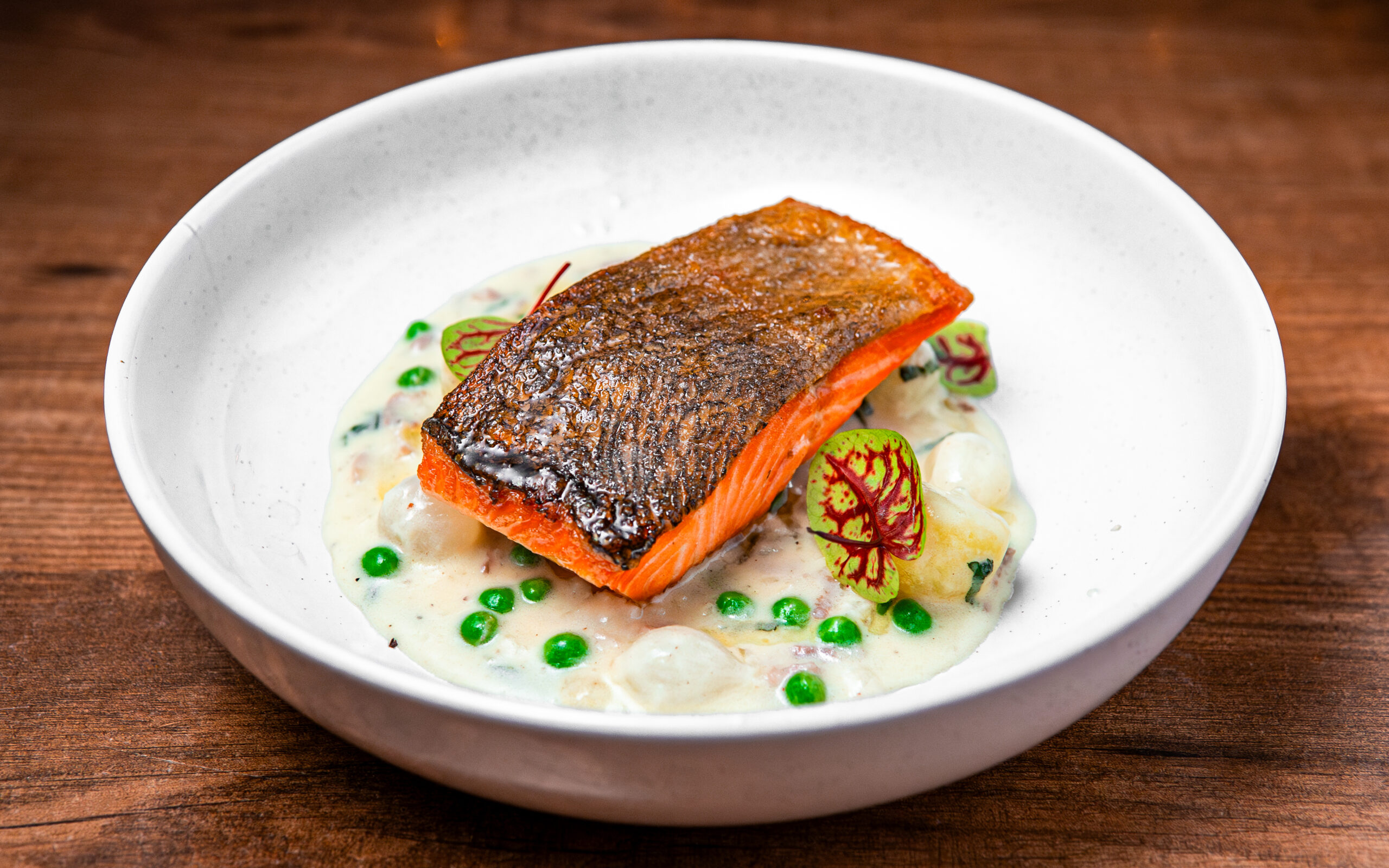 Roast Seatrout with a Pea and Bacon Chowder and Roasted Lemon Oil2 copy